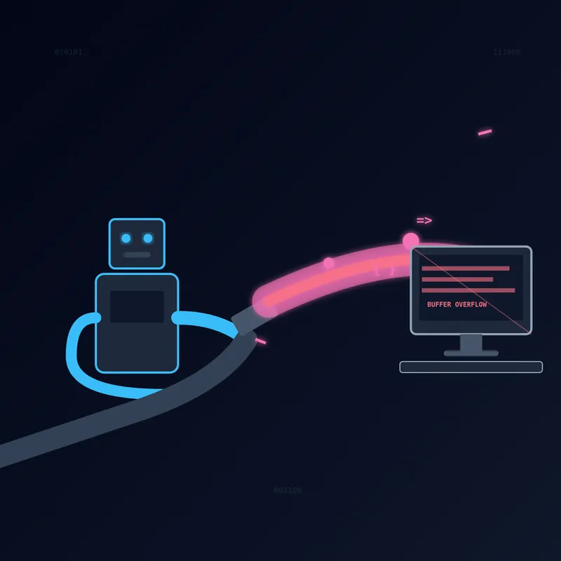 A digital illustration showing a cyan-glowing robot holding a large firehose, blasting a stream of pink energy and code symbols at an overwhelmed computer monitor.