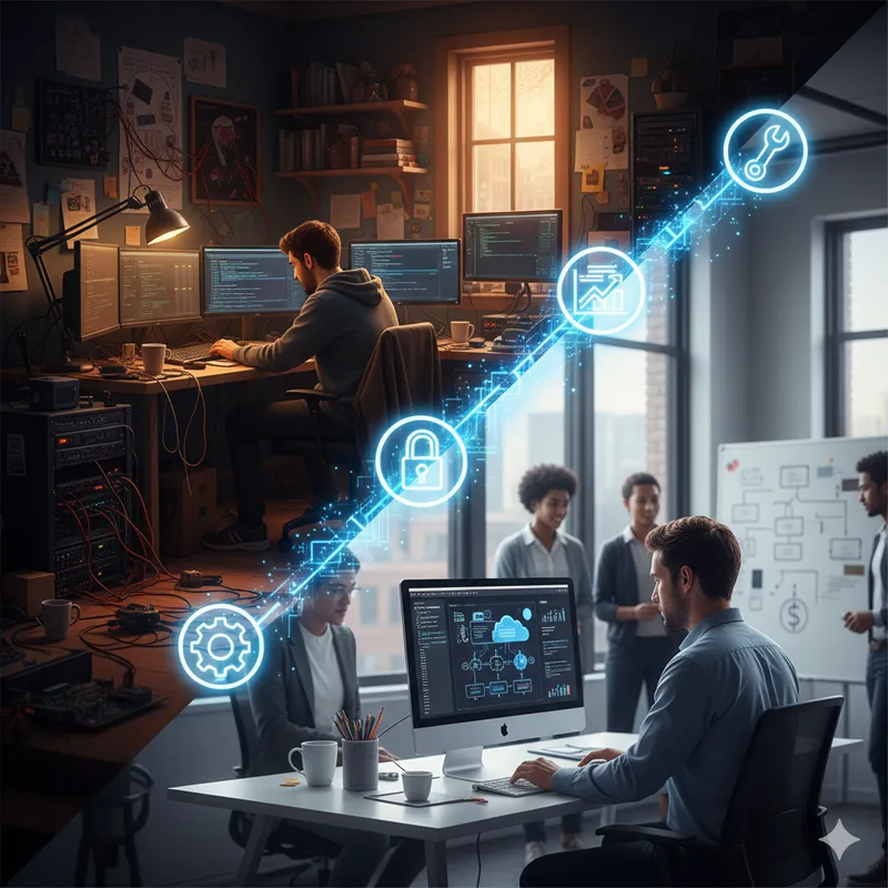 A split image showing a homelab setup on one side and a startup's cloud infrastructure on the other.