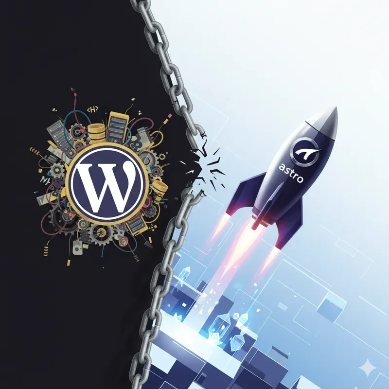 Visual comparison of WordPress anchor being replaced by Astro rocket, symbolizing the performance upgrade from WordPress to Astro